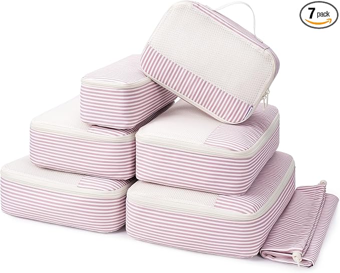 Narwey 7 Set Striped Packing Cubes for Travel Carry on Suitcase, Durable Packing Organizers Bag for Kids Women Men, Duffle Bags Backpack Travel Essentials Accessories (Dusty Pink Stripe) by Narwey