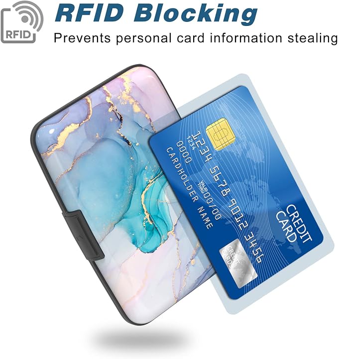 Credit Card Holder, Mini Aluminum Card Wallet RFID Blocking Slim Metal Hard Card Case for Women Men, Purple Gold Marble - Image 2
