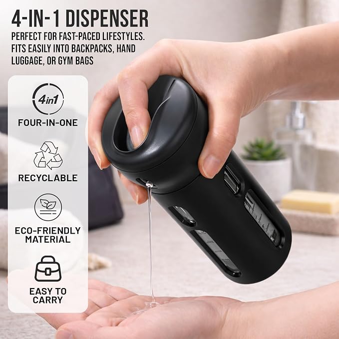 Travigo 4-in-1 Travel Dispenser Bottle, TSA Approved, Leak Proof, Four Reusable 1.4 oz. (40 mL) Toiletry Containers for Shampoo, Conditioner, Soap, Lotion, Skincare (Black) - Image 2