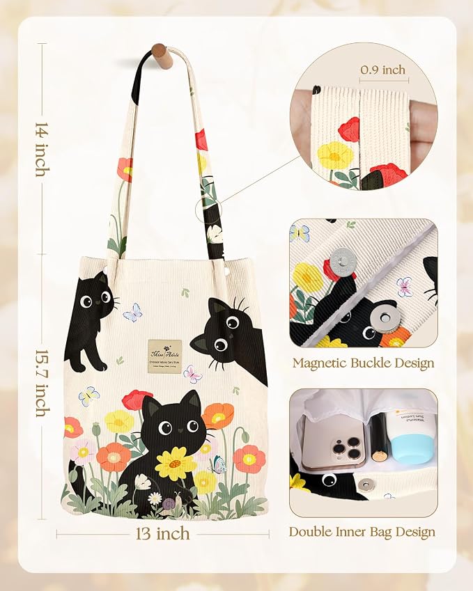 Miss Adola Corduroy Tote Bag for Women with Aesthetic Design | Magnetic Buckle & Pocket, Reusable, Soft, Roomy, Long Shoulder Handles, Double-sided Print, Casual Daily Work, Grocery Bags - Image 5
