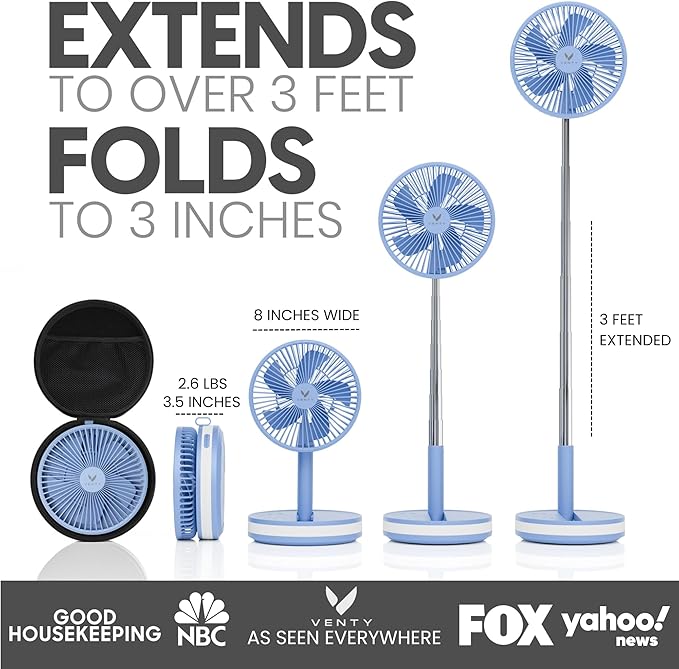 VENTY Portable Fan - Wireless Battery Operated Fan - 4 Speeds - LED Lighting - Carry Case & Remote Control - Cruise Travel - Outdoor Travel RV Power Bank With USB-C Port (Blue with Case) - Image 3