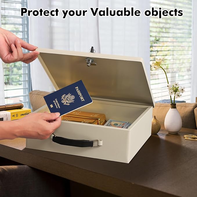 KYODOLED Fireproof Document Box with Key Lock, Safe Storage Box for Valuables, Fire Resistance Security, Fireproof Lock Box for Passport, Cash, Tablet 13.2'' x 11'' x 4.13'' Beige - Image 7