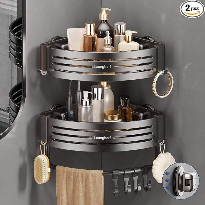Corner Shower Caddy Suction Cup, Gray (2 Pack) | Rustproof aluminum shelf with towel bar & hooks. No-drill removable wall storage. Strong suction by Laungborf