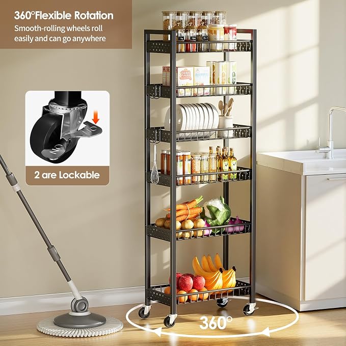 6 Tier Slim Storage Cart, Narrow Rolling Cart with Wheels, 10in(W) | Narrow Mobile Utility Shelf Unit Organizer for Kitchen, Bathroom, Laundry Room, Living Room, Small Places, Black - Image 4