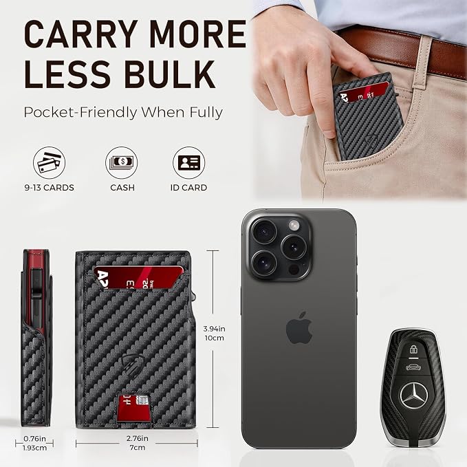 RUNBOX Wallet for Men, RFID Blocking Pop-Up Card Holder, Black+RED | Minimalist Aluminum Smart Wallet with ID Window, Compact Credit Card Holder, Stretchable Cash Slot, Birthday Gift for Men - Image 5