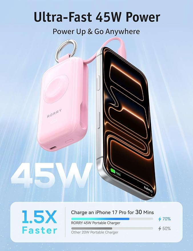RORRY CharmGo Pro 45W Portable Charger Power Bank 10000mAh Battery Pack | Fast Charging, Built-in Cables, 3-in-1 Keychain Design, for iPhone, Apple Watch, iPad, MacBook, Travel Essential, Pocket Size - Image 2