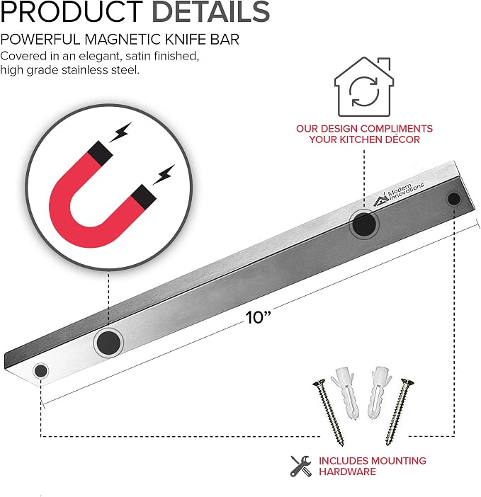 Modern Innovations 10 Inch Stainless Steel Magnetic Knife Bar with Multipurpose Use as Knife Holder, Knife Rack, Knife Strip, Kitchen Utensil Holder, Tool Holder, Art Supply Organizer, Home Organizer - Image 2