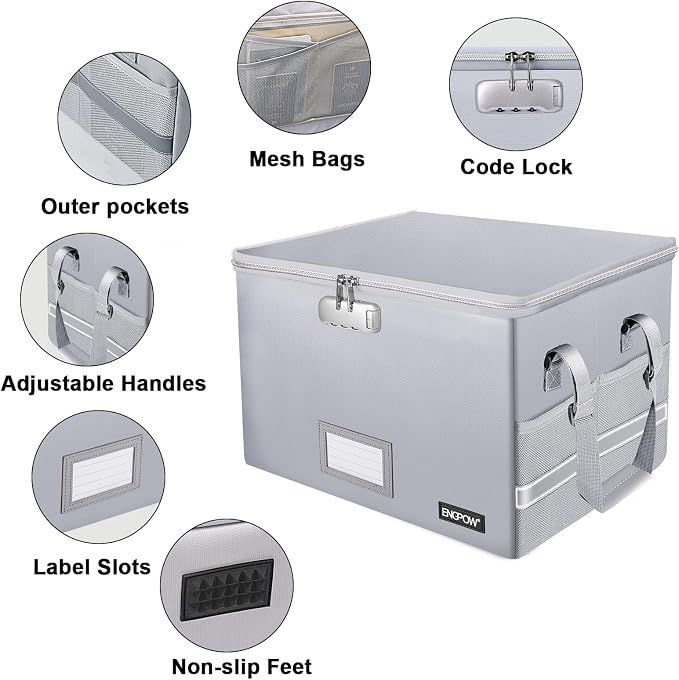 ENGPOW File Box with Lock, Fireproof Document Box with Pockets, Collapsible File Organizer Filing Storage Cabinet with Handle, Portable Home Office Safe for Hanging Letter/Legal Folders,Silver,2 Pack - Image 4