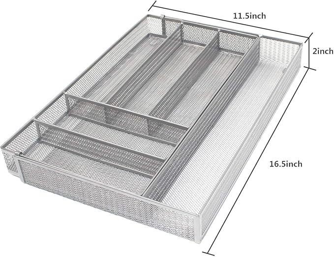 JANE EYRE Utensil Drawer Organizer - Expandable Cutlery Tray, Silverware/Flatware Storage Divider for Kitchen, Mesh Designing with Non-slip Rubber Feet (Silver) - Image 6
