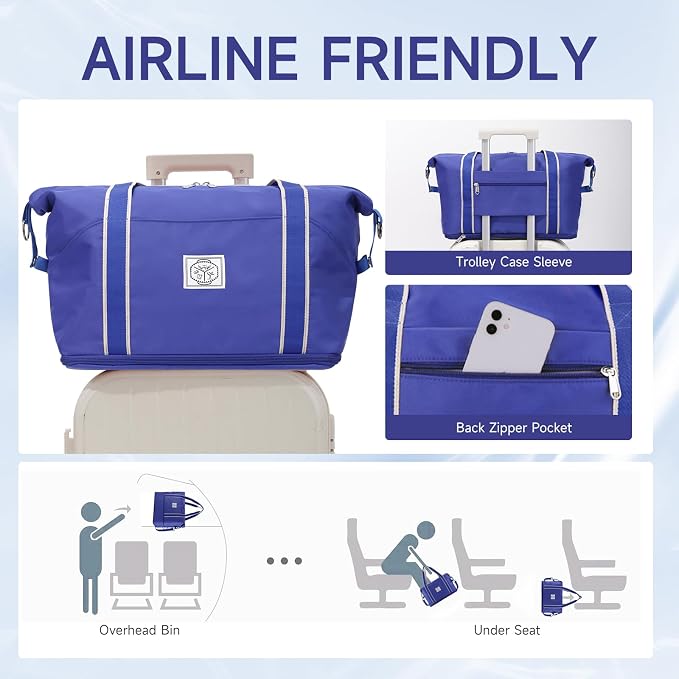 WALNEW Travel Duffel Bag, Weekender Overnight Carry On Bag for Women Men, Foldable Waterproof Gym Luggage Duffle Bag with Metal Buckle Detachable Shoulder Strap and Wet Compartment (Klein Blue) | Overnight Carry On Bag, Foldable Waterproof Gym Luggage ... - Image 5