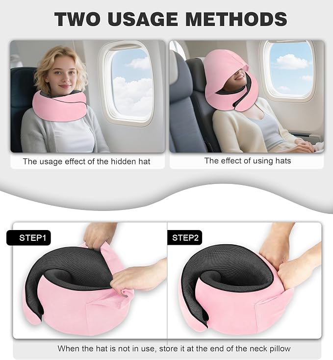 Travel Neck Pillow, Newly Upgraded Hooded Neck Pillow,100% Pure Memory Foam Travel Pillow for Flight Headrest Sleep,Portable Aircraft Accessory,Suitable for use in Plane/Car/Office(Pink) - Image 4