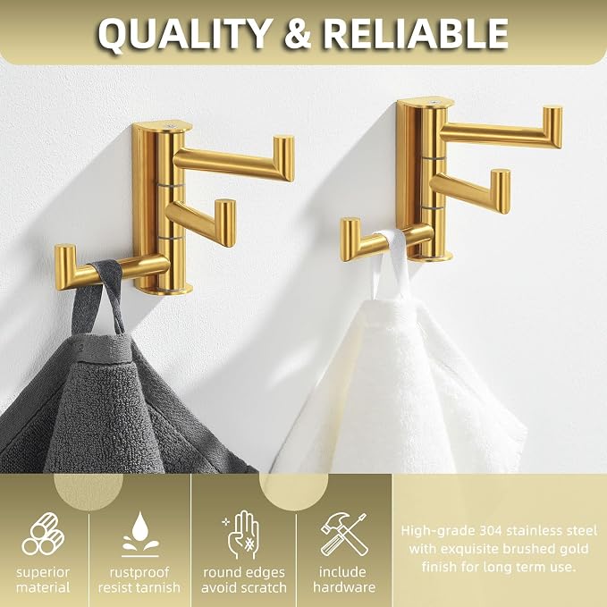 Angle Simple Towel Hooks, Swivel Bathroom Hook, Brushed Dark Gold, 2 Pack | SUS304 Stainless Steel, Folding 3 Arms, Kitchen Hand Towel Dishcloth Holder, Space Saver Fits Narrow Spot, Screws Mounted - Image 5