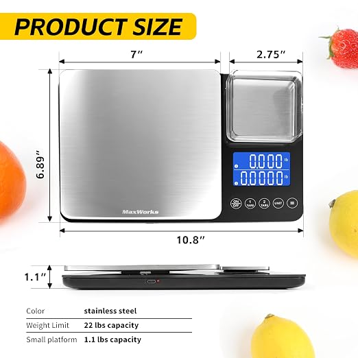 MaxWorks Precision Dual Platform Kitchen Scale Measure Bulk and Fine Ingredients Simultaneously 22 lb Max Capacity Stainless Steel and Glass Digital Scale with USB Charging and 2 Way Power (51069) - Image 2