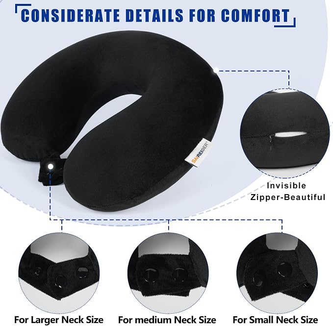 SAIREIDER Neck Pillows for Travel 100% Memory Foam Adjustable Travel Pillows with Storage Bag, Sleep Mask and Earplugs-Prevent The Heads from Falling Forward (Black) - Image 5