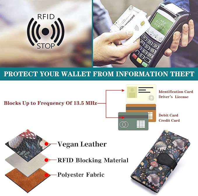 GOIACII Women's Wallet RFID Blocking Large Capacity Card Holder Ladies Phone Clutch Travel Long Purse Hedgehog Print - Image 4