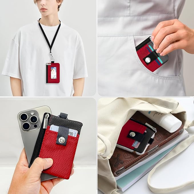 Minimalist RFID Blocking Small Wallet with ID Window,WaterResistant Zip Id Case Wallet with Lanyard Keychain for Cards,Cash,Travel,Women,Men (Red/Dark Grey) - Image 9
