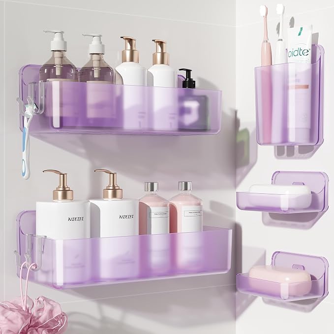Nieifi Adhesive Shower Shelves, Purple, 5 Pieces | Rustproof ABS, Large Capacity, Removable Design, Easy-Clean, No Drilling Shower Organizer for Bathroom Storage & Home Decor by Nieifi