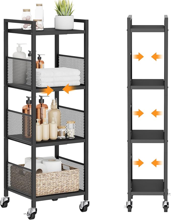 4-Tier Expandable Storage Shelving Unit,Slim Storage Cart,Metal | Adjustable Width 8.3" to 12.6", Bathroom Shelves, Narrow Shelf,Rolling Utility Cart, for Laundry, Bathroom,Small Spaces Black by Cerlyunzan