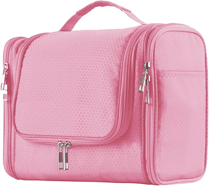Buruis Hanging Toiletry Bag, Travel Toiletry Bag for Women and Men, Pink | Honeycomb Nylon Design, Large Capacity, Dual Zippers, Sturdy Hanging Hook, Full-Size Toiletry Storage, Cosmetic Essentials by KeepYourBathroomKitchenandHomeOrganized