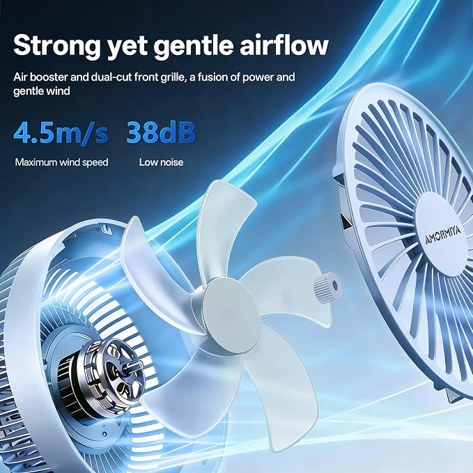 Portable Clip on Fan Rechargeable Mini for Desk Golf Camping Blue | 4000mAh 20H Battery, Quiet Brushless Motor 4.5m/s, One-Click Shutdown, 3 Speeds, Detachable Cover, Type-C Charge, 360° Rotate - Image 7