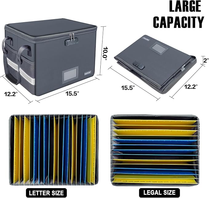ENGPOW File Box with Lock, Fireproof Document Box with Zipper Lid, Collapsible File Organizer Storage Filing Cabinet with Handle, Portable Home Office Safe for Hanging Letter/Legal Folders, Grey - Image 5