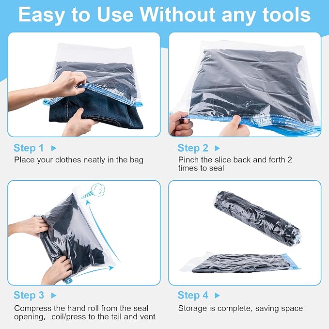 10 PCS Compression Bags for Travel Essentials, 3 Sizes Space Saver Bags, No Vacuum or Pump Needed, Roll Up Vacuum Packing for Clothing Storage, Cruise Accessories, Luggage & Home Organizers - Image 6