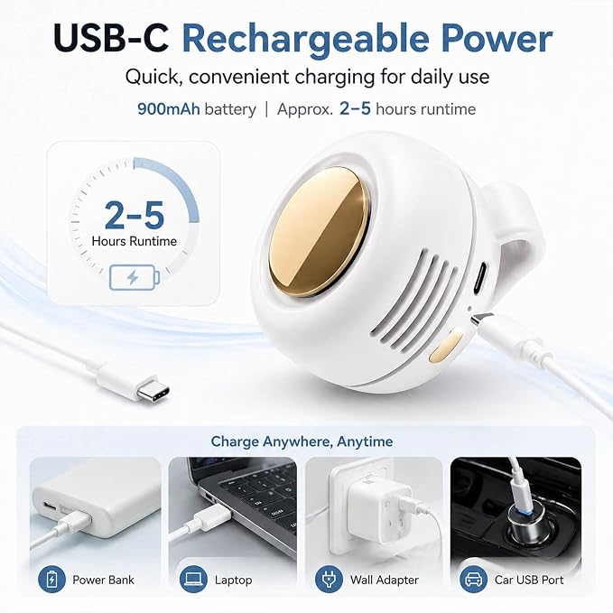 Clip on Fan, Portable Wearable Personal Mini Fan for Shirt & Waist, 3-Speed Quiet Bladeless Rechargeable Fan, USB-C, 360° Adjustable Hands-Free Cooling for Travel Outdoor Office (White) - Image 6
