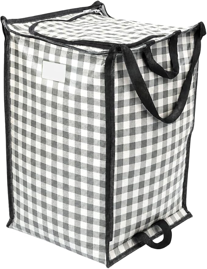 DURASACK XL 48-Gallon Zipper Top Heavy Duty Storage Tote Bags, Gray Gingham | Rugged Woven Polypropylene Moving Bag, Reusable Self-Standing Design, Holds up to 500 Pounds by DURASACK