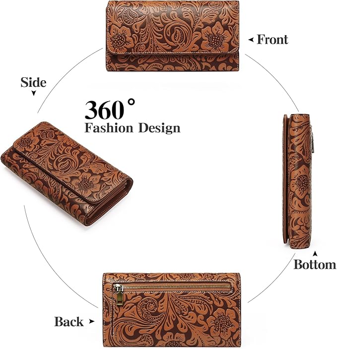GOIACII Leather Wallets for Women RFID Blocking Western Clutch Brown | Embossed Design, Trifold, Large Billfolds, Vintage Flower, Ladies Purses with Zipper Coin Pocket - Image 7