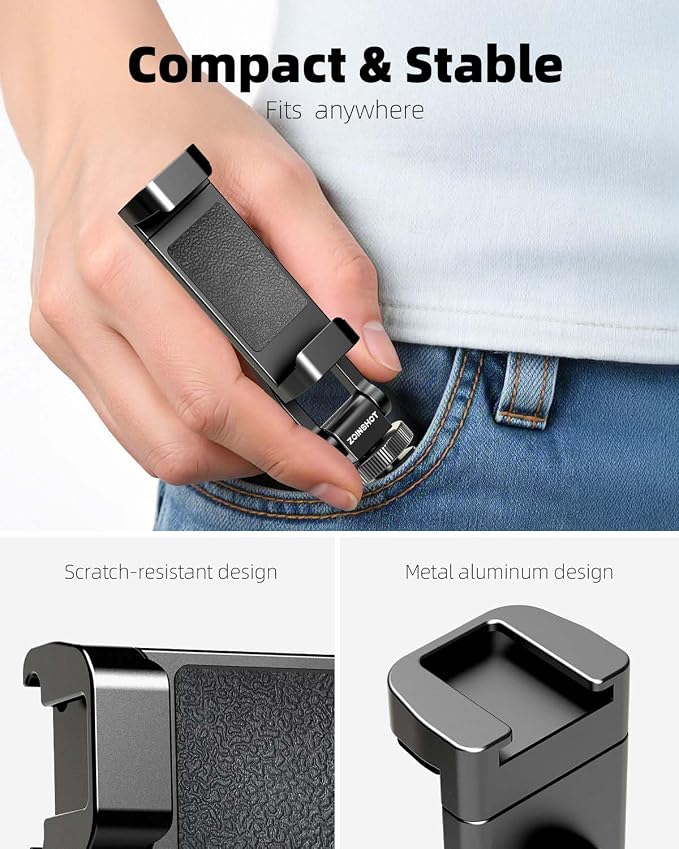 All Metal Phone Tripod Mount, 360° Rotation Tripod Phone Mount with 2 Cold Shoes, Adjustable Cell Phone Mount Adapter with 1/4" Thread, Compatible with iPhone Android Phones, Digital Camera - Image 6