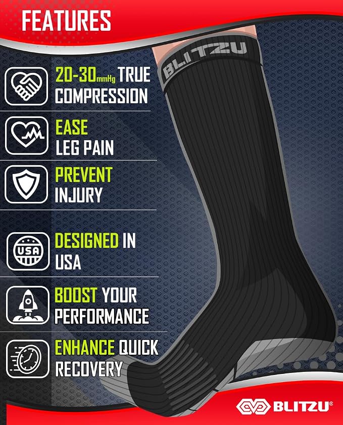 BLITZU Compression Socks for Women and Men 20-30mmHg-Circulation Support | Graduated Pressure, Leg Swelling & Pain Relief, Breathable, Everyday Wear, Running, Nurses, Shin Splints, Flight, Travel - Image 7