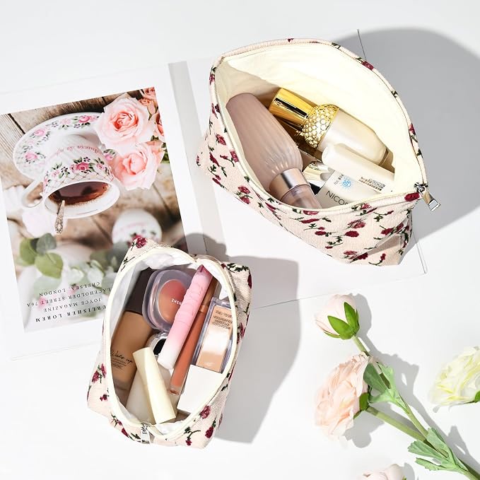 SOIDRAM 2 Pieces Rose Makeup Bag Large Corduroy Cosmetic Bag Capacity Canvas Mix Travel Toiletry Bag Organizer Cute Makeup Brushes Aesthetic Accessories Storage Bag for Women, Rose Mix White - Image 4