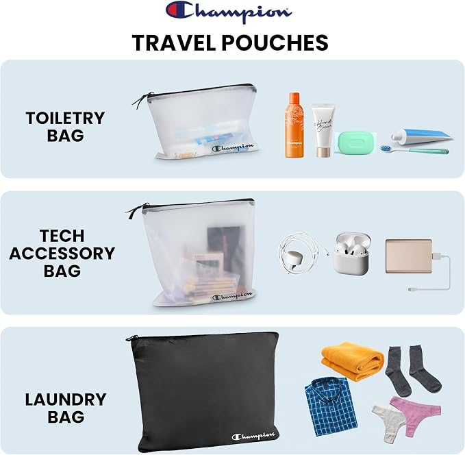 Champion Packing Cubes for Travel - 6 Piece Organizer Set, Carry-On Ready | Breathable mesh, sturdy handles; 3 cubes, 1 laundry bag, 2 zip pouches; zipper closure; fits carry-on and full-size suitcases - Image 6