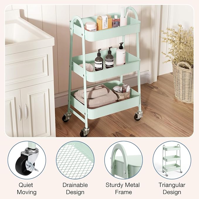 OLIXIS Metal 3 Tiers Rolling Storage Utility Cart with Lockable Wheels | Mobile Organizer Shelf, Space-Saving, Freestanding, Bathroom, Living Room, Slim, Narrow Corner Spaces, Pale Green - Image 2