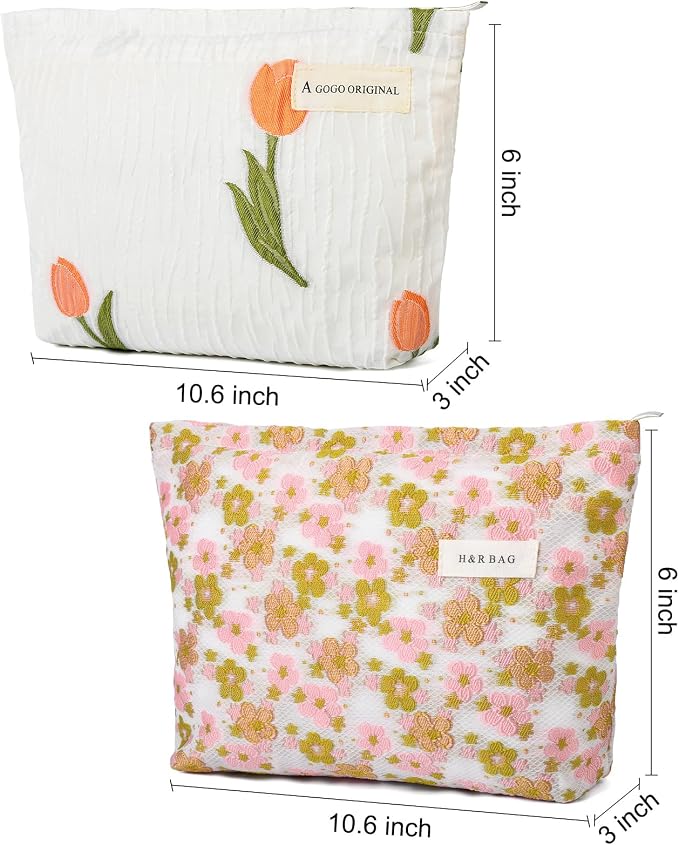 SOIDRAM 2 Pieces Flower Makeup Bag Large Floral Cosmetic Bag Capacity Canvas Travel Toiletry Bag Organizer Cute Makeup Brushes Aesthetic Accessories Storage Bag for Women, Embossed flower L White Pink - Image 3