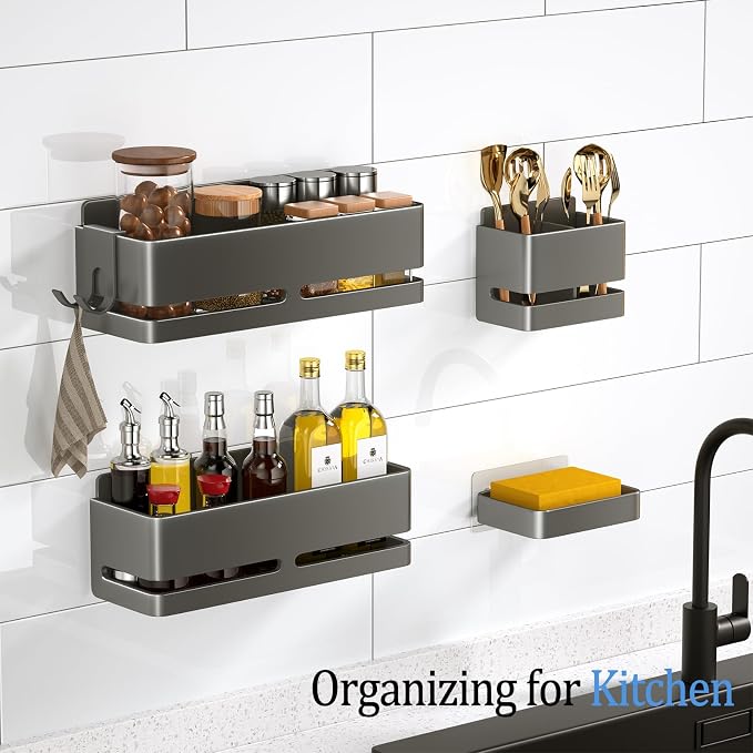 Bathroom Shower Caddy,No Drill Shower Shelves(5-piece Set-Grey) | Wall-mounted shelf with soap dish and toothbrush holder, ideal for bathroom storage and also suitable for kitchen - Image 4