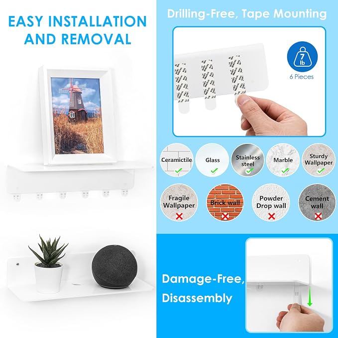 OAPRIRE Acrylic Floating Wall Shelves White, Damage Free, 12 Inch 2 Pack | Strong Tape Adhesive Wall Shelf No Drill, Easy Installation, Hole Design with Cable Clips, Small Spaces Bedroom Bathroom - Image 4
