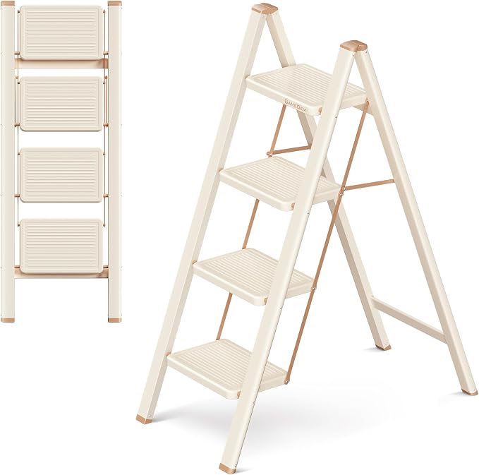 4 Step Ladder, Foldable Step Stool with Wide Anti-Slip Pedal | Portable, Sturdy Carbon Steel, 330LBS Capacity, Easy Storage, Space Saving, for Kitchen, Closet, Cream Chocolate by GameGem