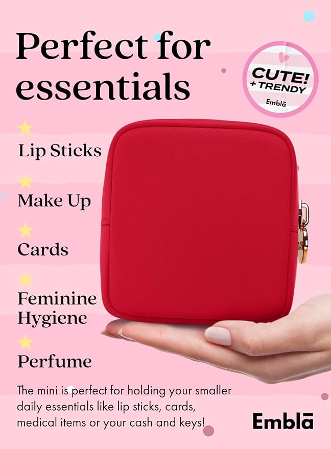 Embla Makeup Bag Travel Cosmetics Pouch and Toiletry Bag, Nylon Zipper Pouch Purse, Cute Make Up Organizer Storage Tote for Women Girls, Waterproof Travel Skincare Case, Small Makeup Bags, Ruby Red - Image 3