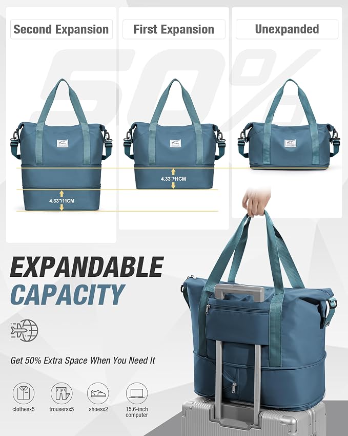 Foldable Travel Bag Expandable Duffle Bag for Women Men, Large Weekend Bags | Waterproof Carry On Personal Item Duffel Bag 40L Double-layer, Overnight Weekender Bags with Luggage Sleeve, Peacock Blue - Image 3