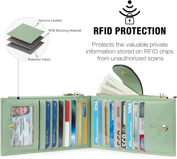 BOSTANTEN Leather Womens Wallet Large RFID Blocking Slim Card Holder | 16 Card Slots, 2 Zipper Pockets, Bifold, Long, Fits Most Purses, Organized Everyday Carry, Ladies Gifts, Green - Image 5