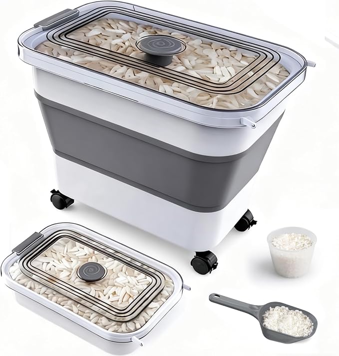 Rice Storage Container, Collapsible Airtight Food Storage Containers 20-30lbs with Clear Lid and Wheels, Rice Dispenser with Scoop for Flour Cereal Pasta Grain, Cat Pet Bird Dog Food Storage Container by Komzon