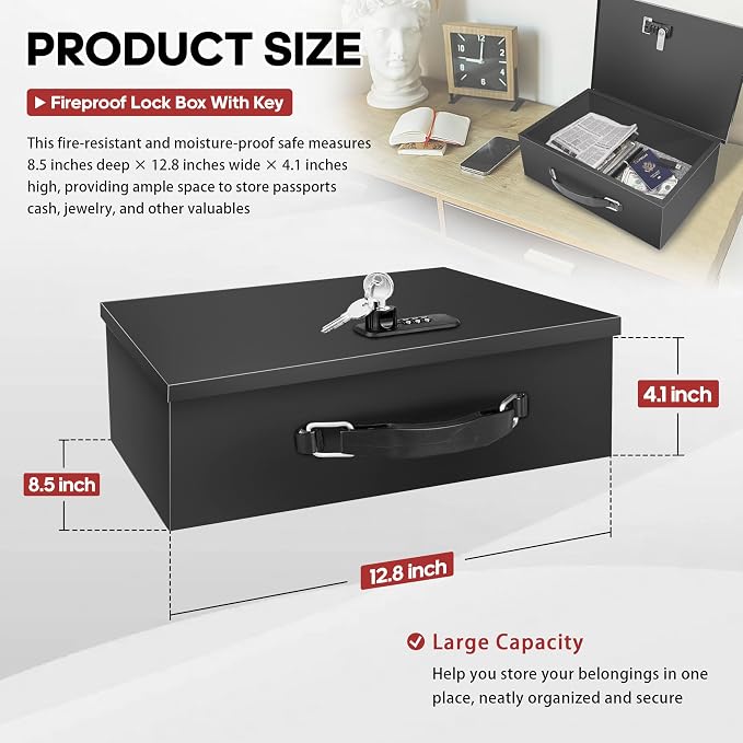YIYITOOLS Fireproof Lock Box with Key and Combination Lock, Fire Safe Document Box, Portable Fireproof Waterproof Safe for Home,Office,Travel, Secure Storage for Documents,Jewelry,Passport,Cash - Image 6