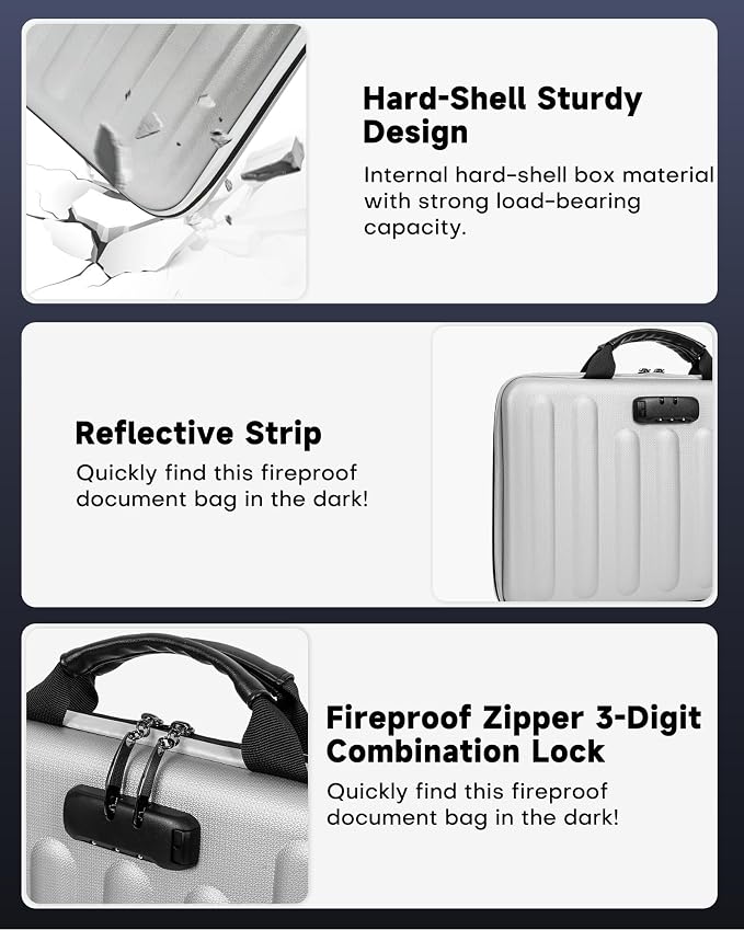 DOZAWA Fireproof Document Box, Waterproof Hard File Organizer with Lock | UL-94 VTM-0 certified 8-layer document box withstands up to 5200°F, featuring waterproof zippers, silver - Image 7