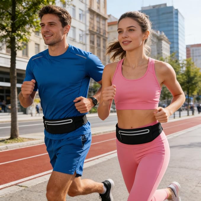 Slim Running Belt for Women Men,Phone Holder Waist Pack,Runners Fanny Pack | No-Bounce,Sweat-Proof Pocket,Travel Money Pouch for Gym/Hiking/Cycling,Three pocket,Two Highly Reflective Strips - Image 2