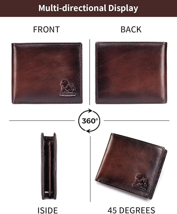 Men's Cowhide Leather RFID Wallet, Slim Bifold (Dark brown) | 2 Clear ID Windows, 10 Card Slots, Zipper Coin Pocket, Gradient Finish for Business, Travel, Daily Carry and Gifts - Image 8
