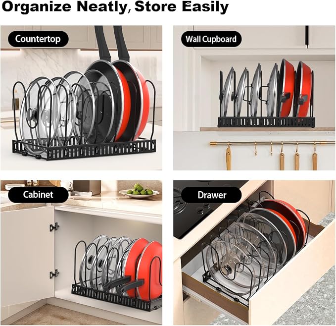 Housolution Pot and Pan Lid Organizer Holder Storage Rack, Black | 7 Adjustable Dividers, Sturdy Metal Construction, Easy Assembly - Image 6