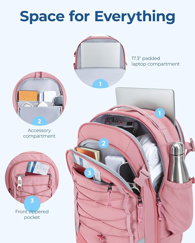 BAGSMART Carry On Backpack, 17.3 Inch Large Travel backpack Carry On Flight Approved, Personal Item Backpack Travel Bag With Shoe Bag, 27L Water Resistant Casual Daypack, Pink - Image 2