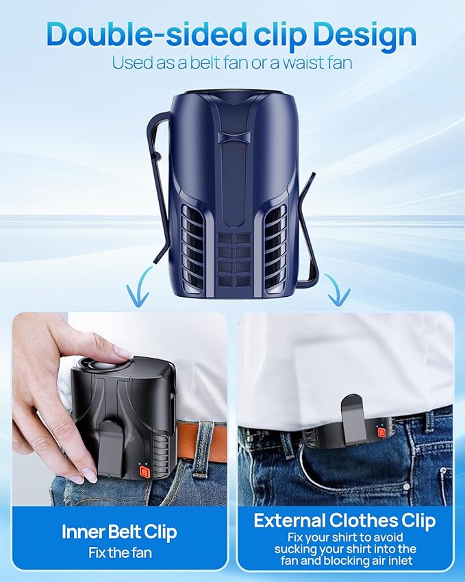 Portable Personal Waist Fan& Neck Fan, 14000RPM Brushless Motor, 40H Runtime Rechargeable, 6-Speed Quiet Operation, Clip-On Personal Body Cooling for Camping/Worksites/Outdoor - Image 6