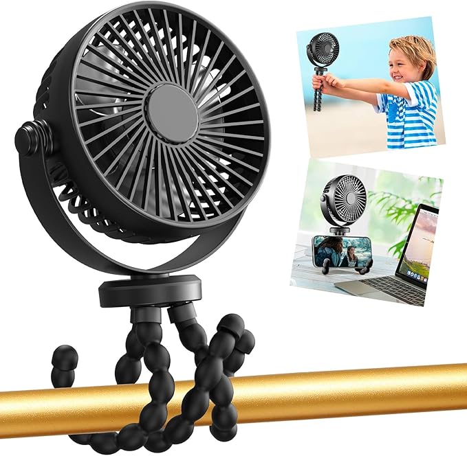 snawowo Mini Portable Stroller Fan, 3000mAh Battery Operated Personal | Small Handheld Fan with Flexible Tripod, 360 Rotate 3 Speed Rechargeable Clip on for Car Seat Crib Treadmill Travel Camping by snawowo